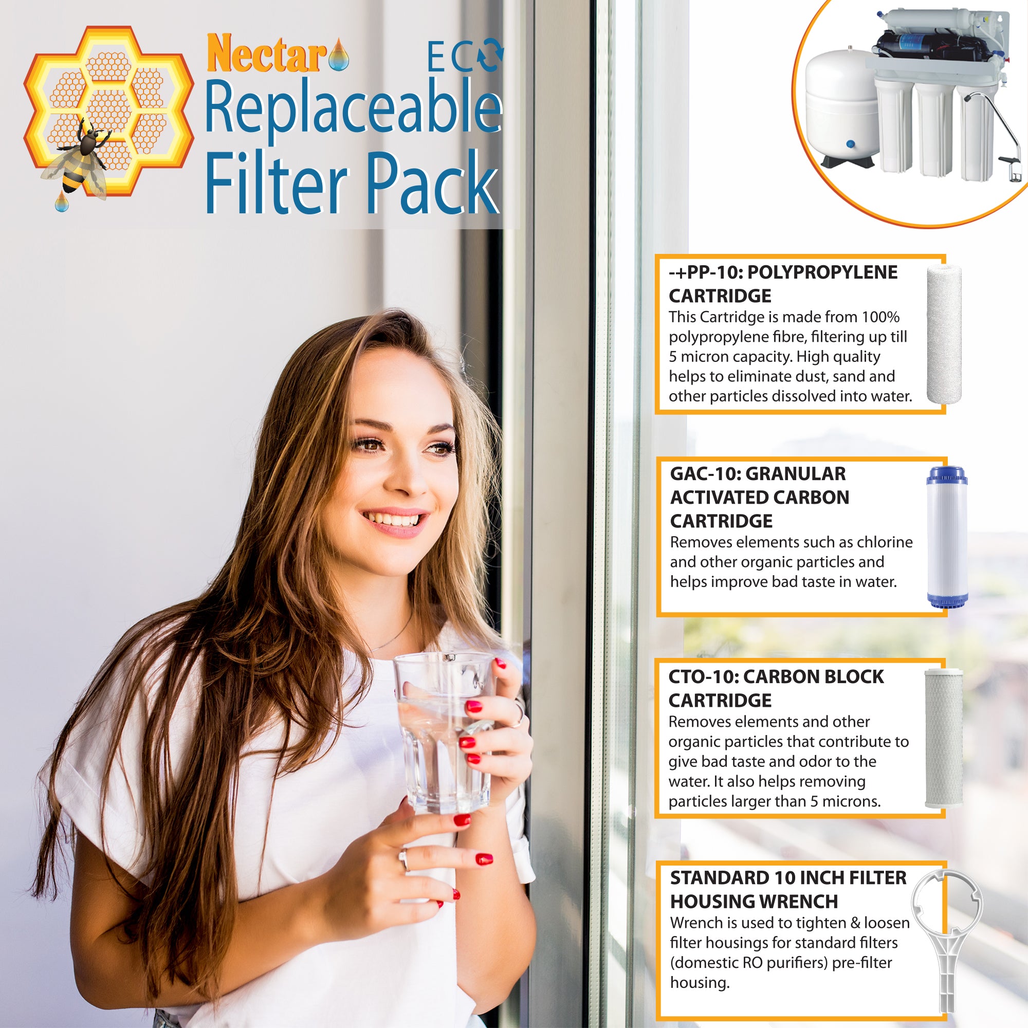 Nectar Eco-Replaceable Kit; 3-Stages Under Sink Reverse Osmosis RO Water Filter Replacement Cartridges Including Sediment Filter, Granular Carbon and Carbon Block Filter